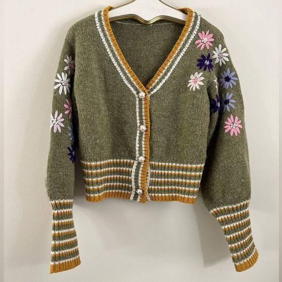 RAGA Set: Olive Green Floral Cardigan Sweater & Pants | Size Medium - Picture 1 of 13